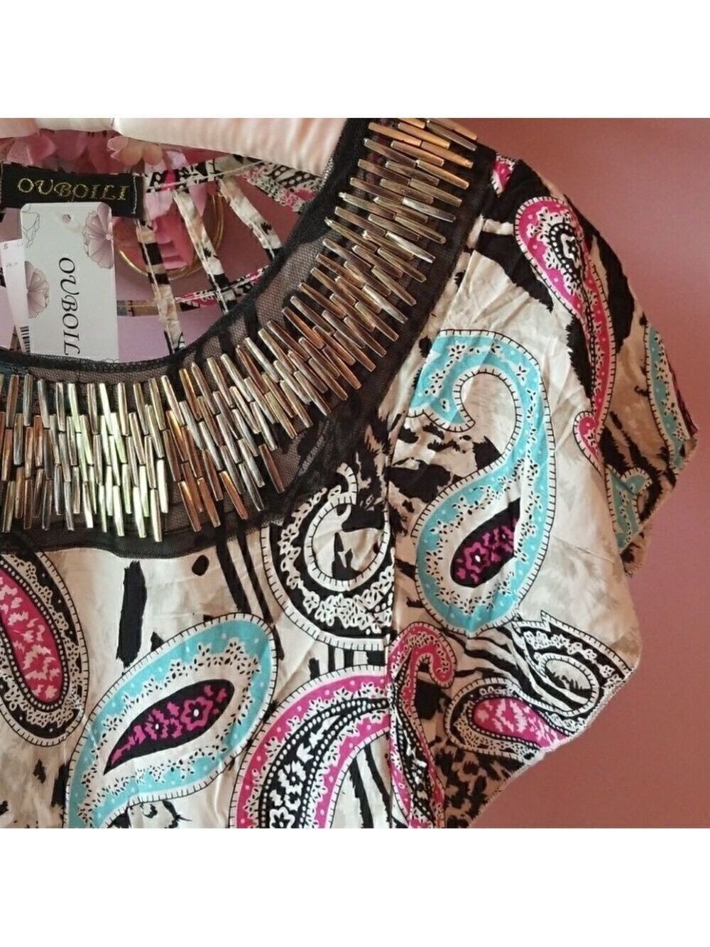 𝅺New Watercolor Paisley Tribal Ladies Blouse By OVBOILI  NWT Beaded Neckline - Picture 4 of 10